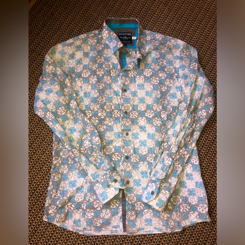 Barabas Long Sleeve Button-Down Blue & Silver Geometric Pattern Collared Shirt